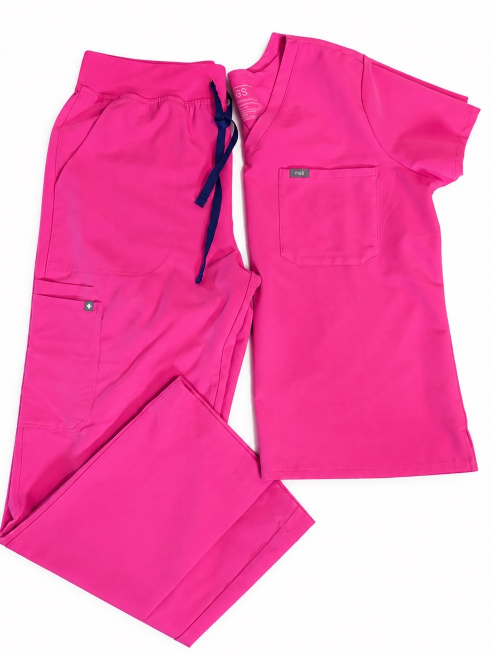 Figs Women's Hot Pink Short Sleeve Scrub Set with Navy Drawstring